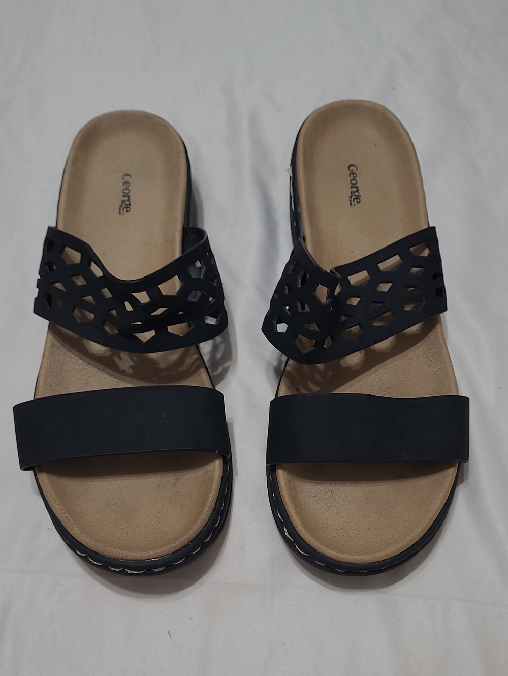 ⭐️ George Black Cutout Double-Strap Slide Sandals - Black/Tan Sz 9